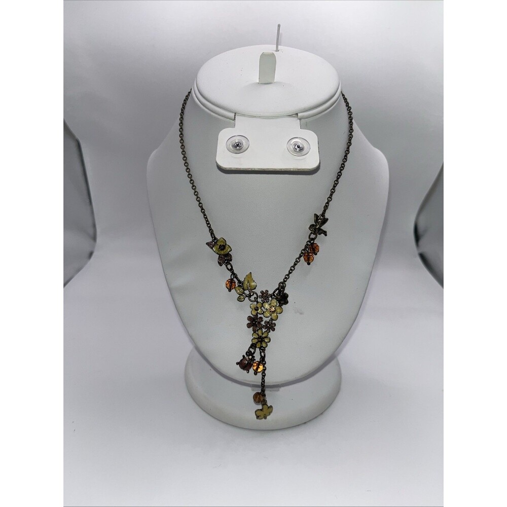 Lia Sophia Enamel Floral Statement Y Necklace Brown & Yellow Flowers Butterfly